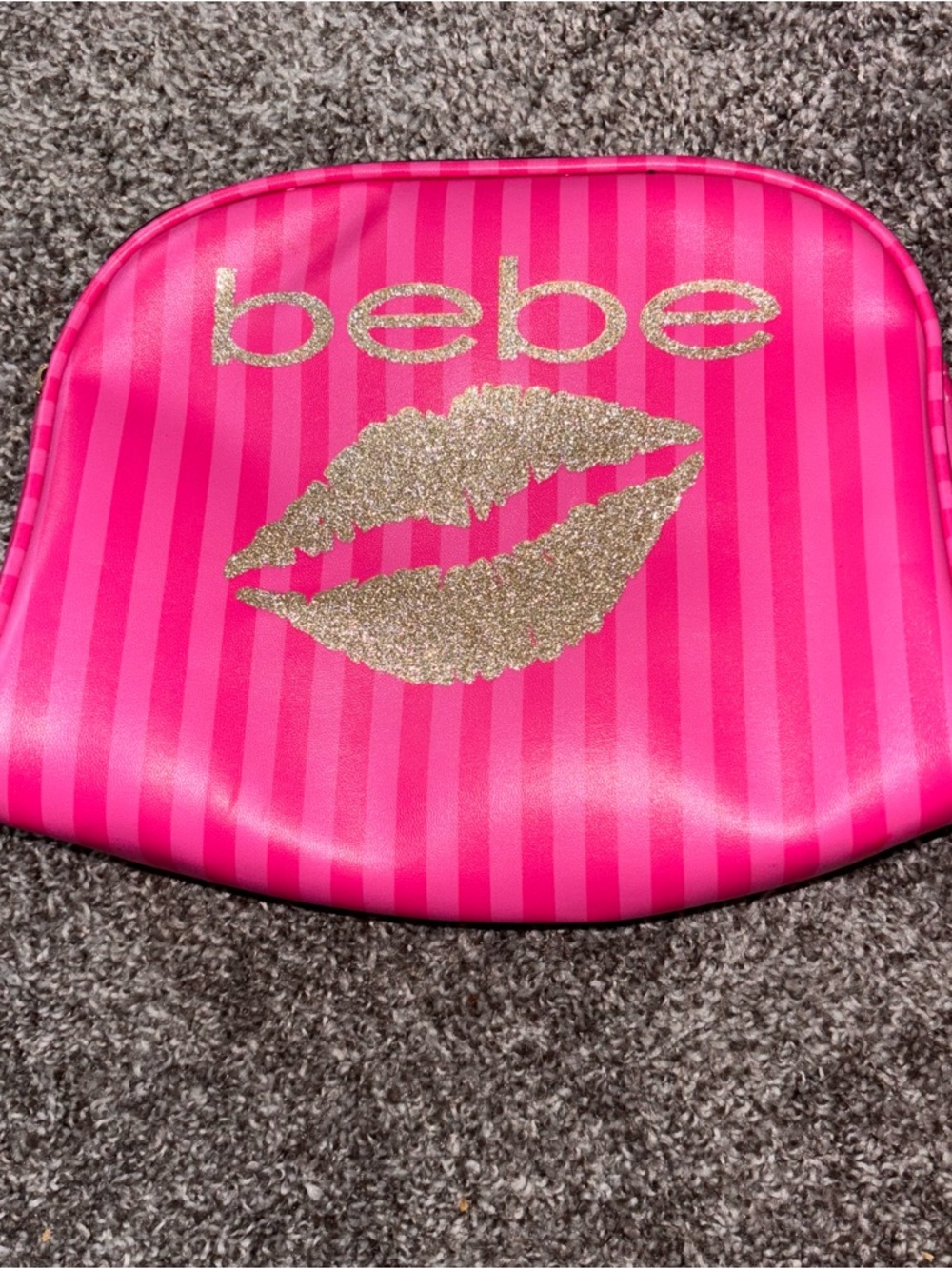 bebe Hot Pink Striped Cosmetic Bag with Gold Glitter Kiss